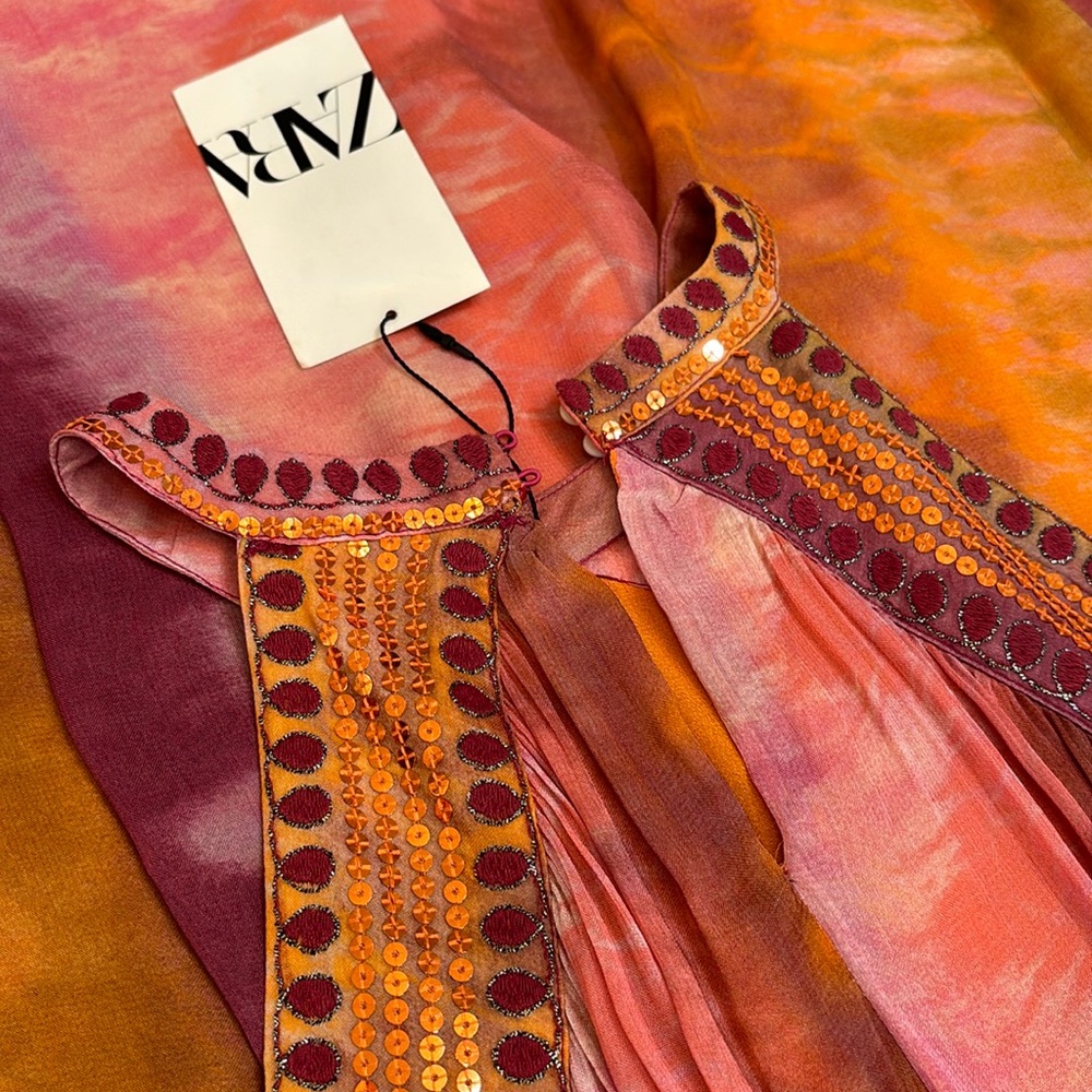 Zara chiffon SEQUIN beaded embellished TIE-DYE maxi DRESS sz.S - Picture 12 of 17